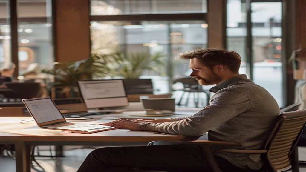 Bearded man in a grey shirt working on a laptop at a café-style co-working space