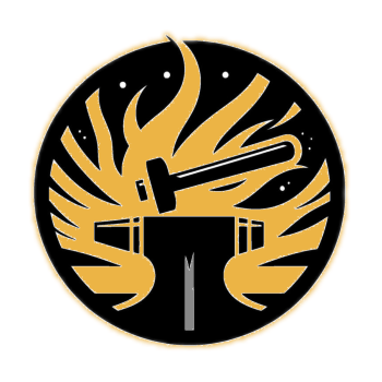 intricate black and white silhouette of a hammer striking an anvil surrounded by flames and stars wi.png