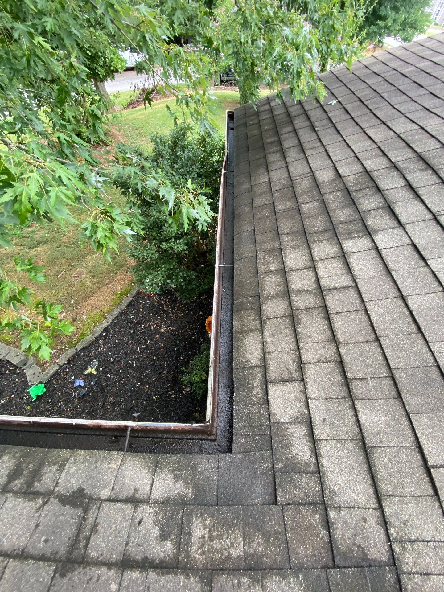 Gutters clogged with leaves and debris on a North Georgia home showing why professional gutter cleaning is needed