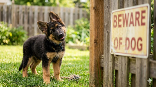Dog tilting it s head looking at a beware of Dogs sign.jpg