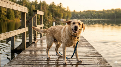 dog on a dock shaking off water.jpg