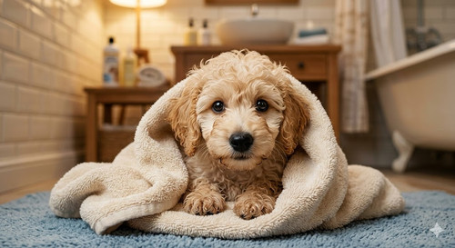 fluffy dog wrapped in a towel.jpg