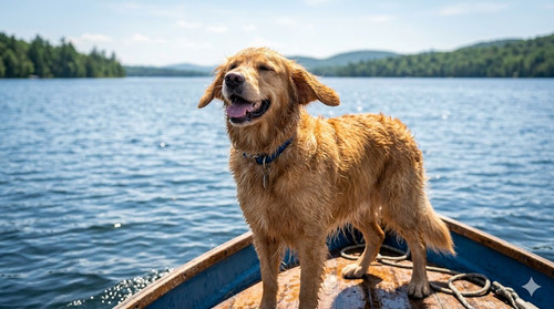 wet dog in a boat on a lake.jpg