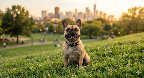 small dog on the grass with city in the background.jpg