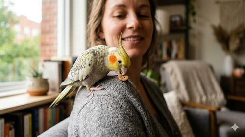 bird eating a cracker on a woman s shoulder.jpg