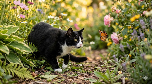 black cat with white paws in flower garden.jpg
