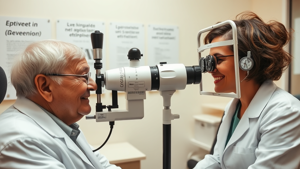 Optométriste québécois faisant un examen visuel à un patient aîné