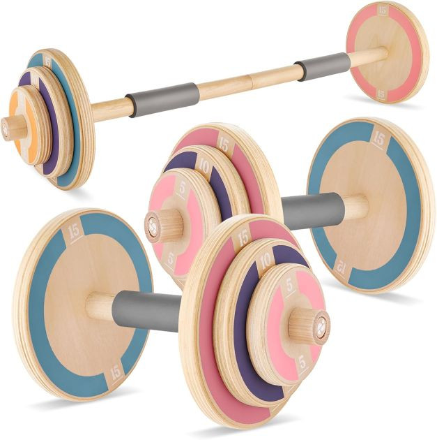 Special Supplies Kids Wooden Workout Play Weights Set - Adjustable Dumbbells and Barbell Set for Home Gym Equipment, Exercise Workout Set for School or Home Fitness Activities, Pastel Colors (Set of 1 Barbell and 2 Dumbbells)