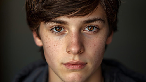 Make a realistic photo of a 14 year old boy with dark brown hair, brown eyes, light skin tone, very .jpg