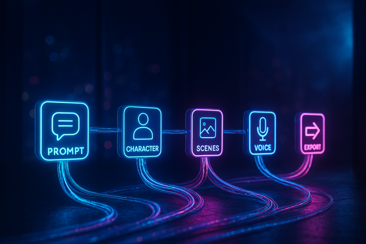 A hyperreal, neon-lit pipeline visualization where glowing nodes hover in a dark studio space, each node labeled with abstract pictograms for "prompt", "character", "scenes", "voice", and "export". Fiber-optic threads connect the nodes, pulsing like data streams. The background shows blurred city lights through glass panels; subtle mist and volumetric light make the scene cinematic. Color palette: deep indigo, electric cyan, and magenta highlights. Shot with a wide-angle lens, shallow depth of field, ultra-detailed surfaces.