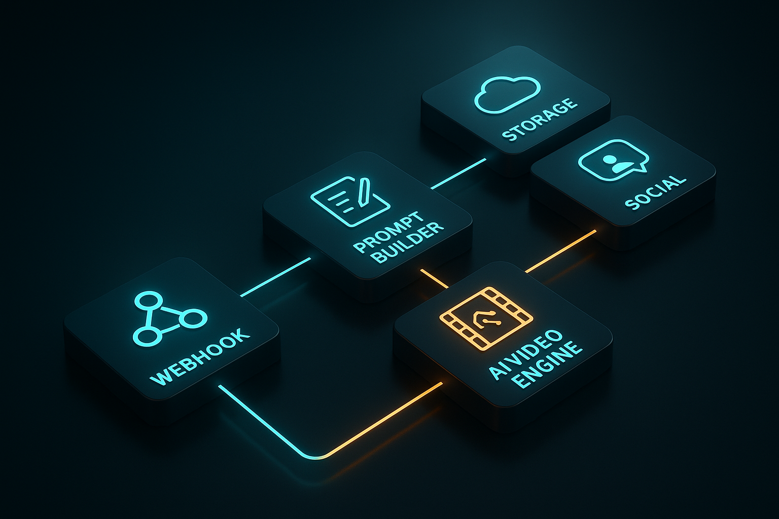 A sleek isometric diagram of an automated media pipeline on a glossy black desk: a webhook tile feeds a "prompt builder" tile, which connects to a glowing "AI video engine" tile, then to "storage" and "social" tiles. Thin neon lines connect the tiles; tiny status LEDs, soft reflections, and misty volumetric light add depth. Palette: charcoal, cyan, and amber. Ultra-detailed, studio-lit, futuristic minimalism.