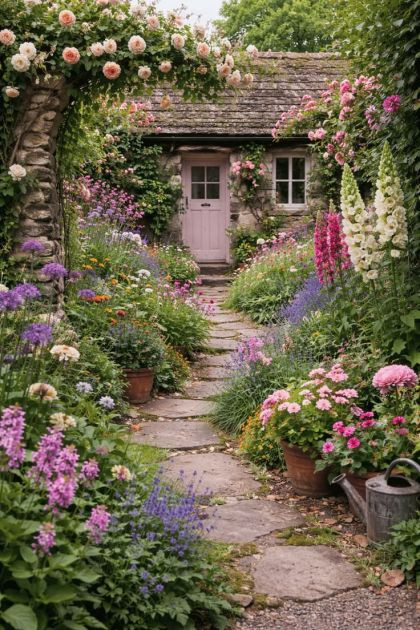 A Dreamy Cottage Garden Path Blooming with Color and Charm