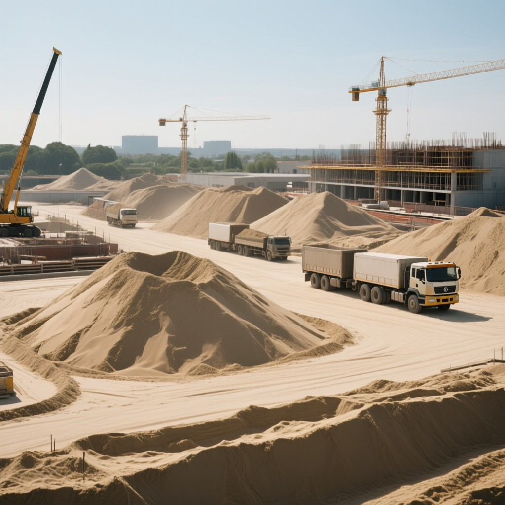 Construction site with sand piles and trucks for sand price comparison 2026
