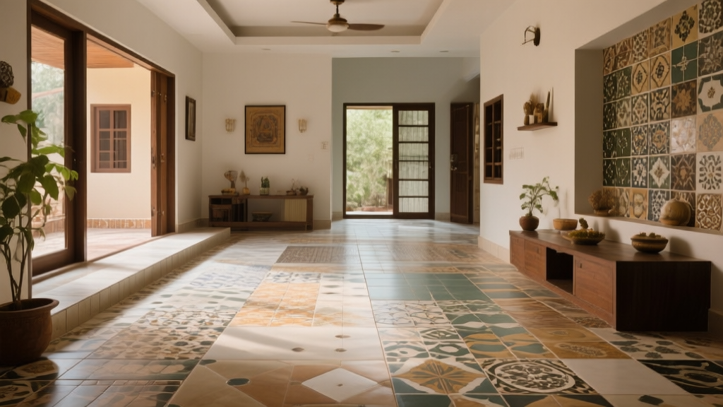 Modern Indian home interior with ceramic and vitrified tile flooring showcasing various tile patterns and finishes