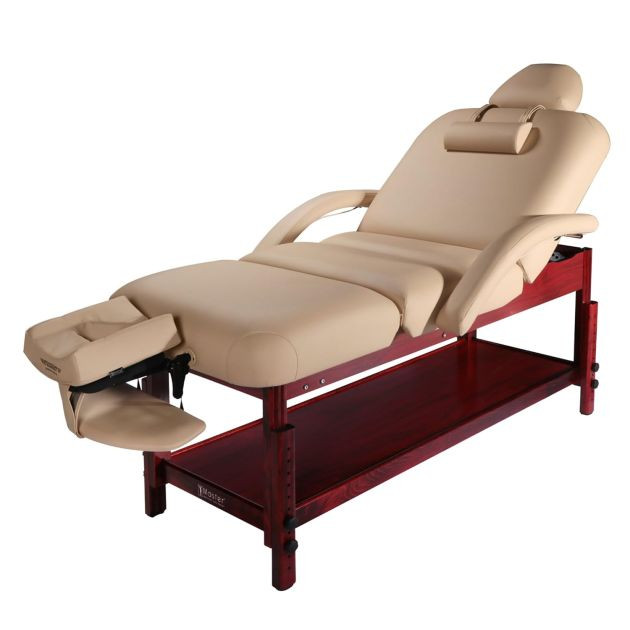 Master Massage Claudia Stationary Massage Table with Pneumatic Tilting Backrest and Leg Rest, Cream with Mahogany Legs, 30 Inch
