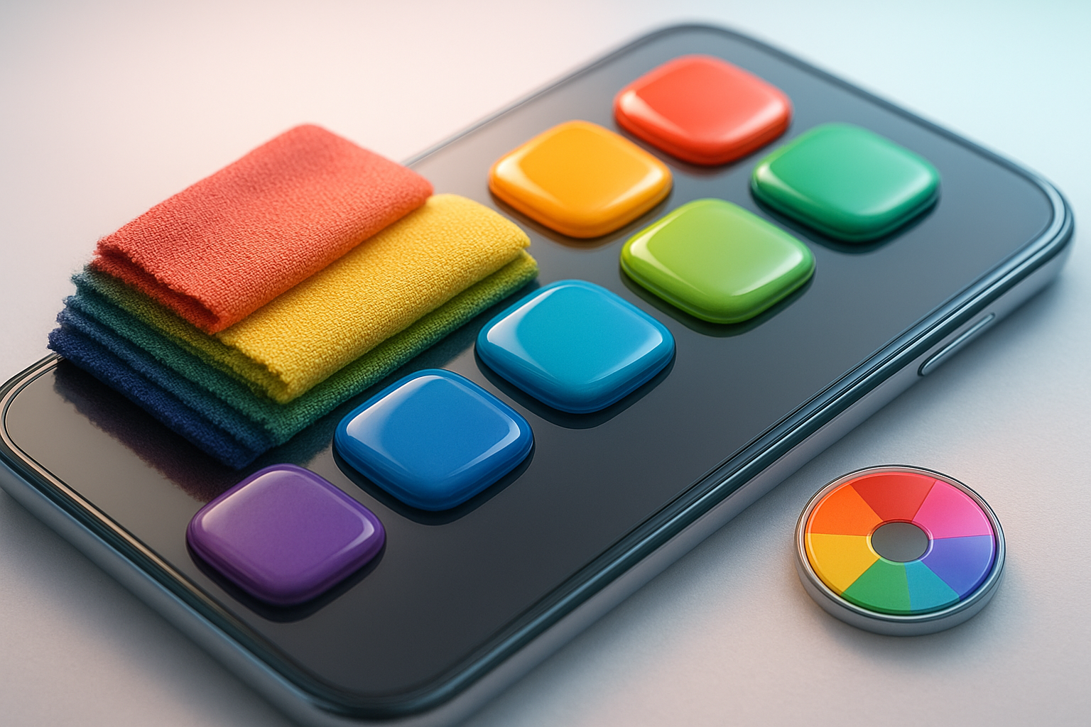 A hyperreal macro scene of fabric swatches morphing into glossy UI color chips on a glass smartphone. Each chip shows a different hue with soft reflections, while a color wheel dissolves into circular buttons. Minimal white background with pastel gradients, cinematic depth of field, studio lighting, photoreal textures, no text or logos.