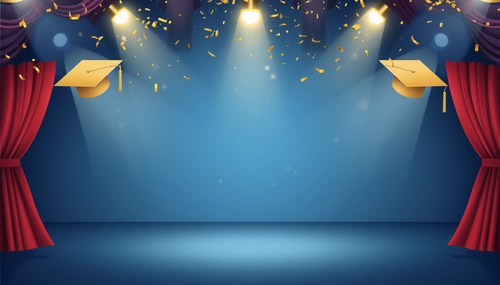 Graduation themed background with caps, diplomas, confetti, gold and blue colors, celebratory atmosp.png