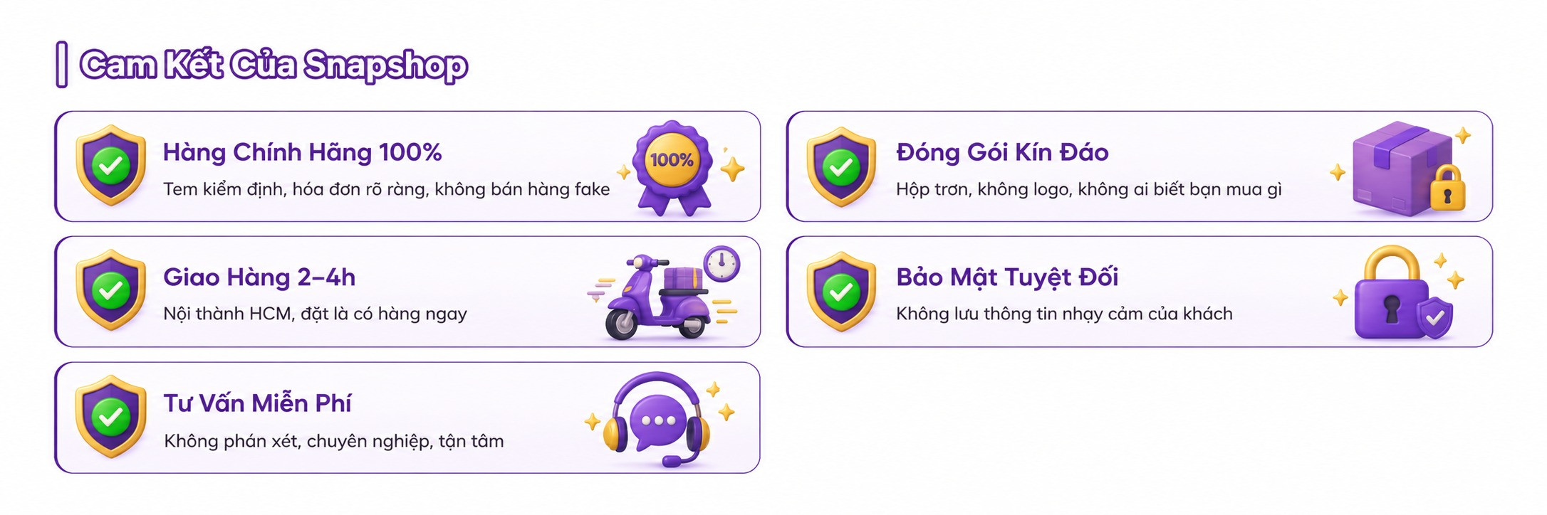 Cam kết của Snapshop - hàng chính hãng, giao hàng 2-4h, bảo mật