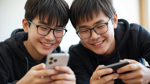 an 13 year old asian boy with black hair and glasses in a black sweatshirt playing phone games with .jpg