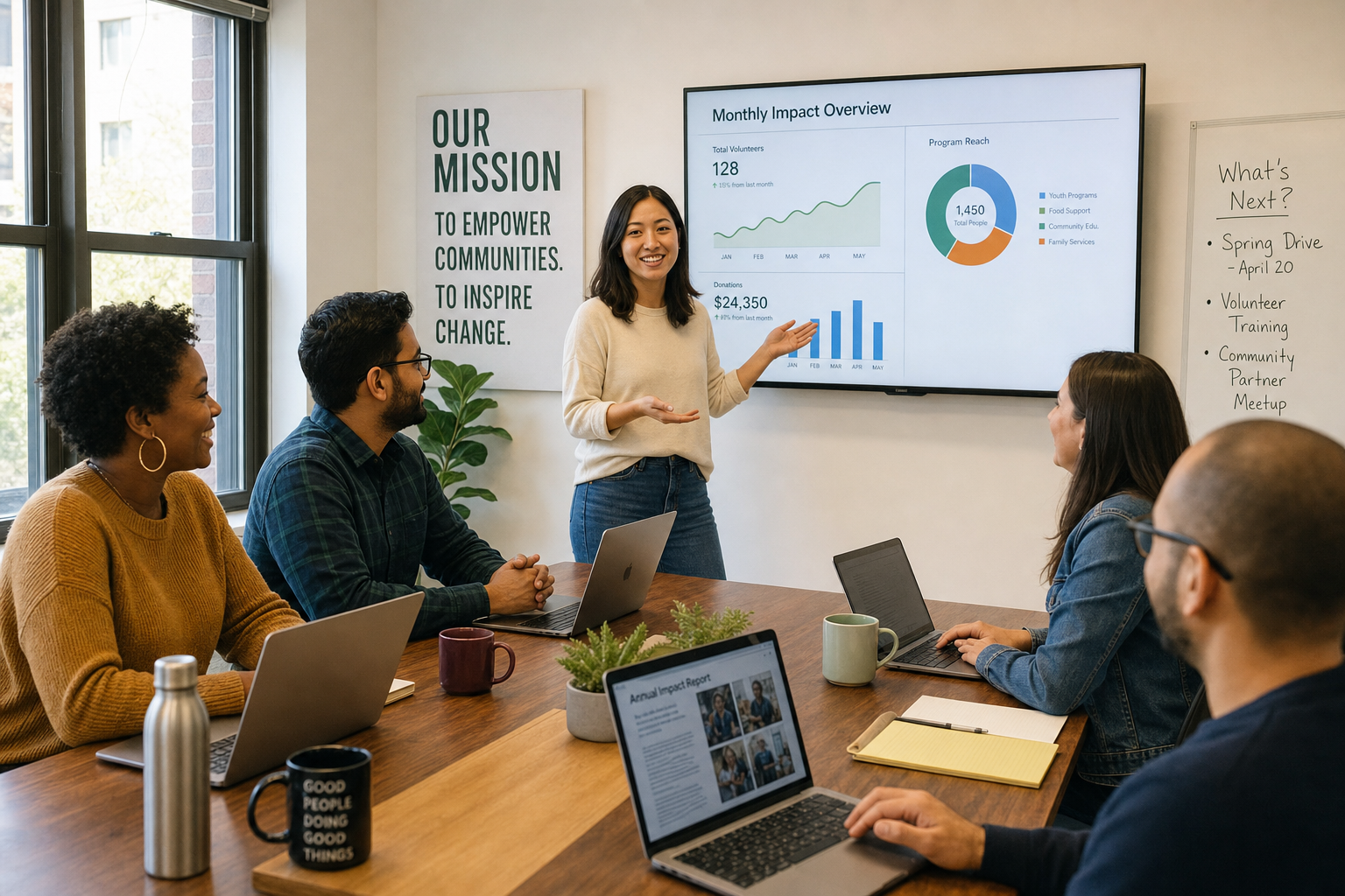 A small nonprofit team having a monthly review meeting with a dashboard on screen