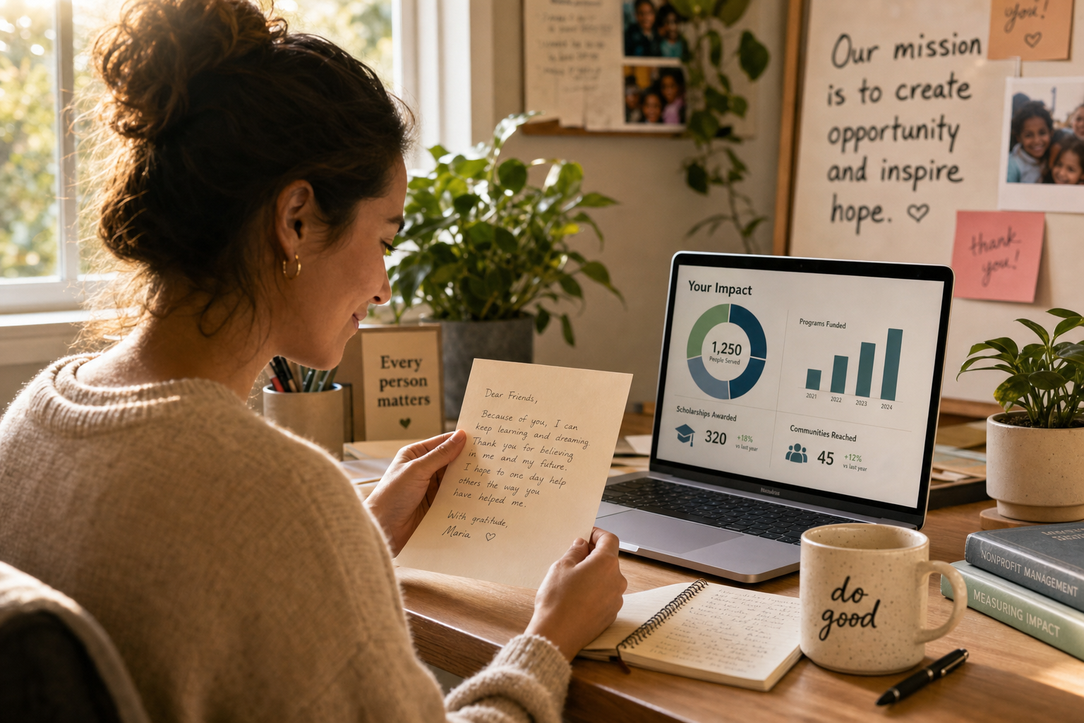 A fundraiser reading a handwritten thank-you letter from a beneficiary alongside an impact dashboard