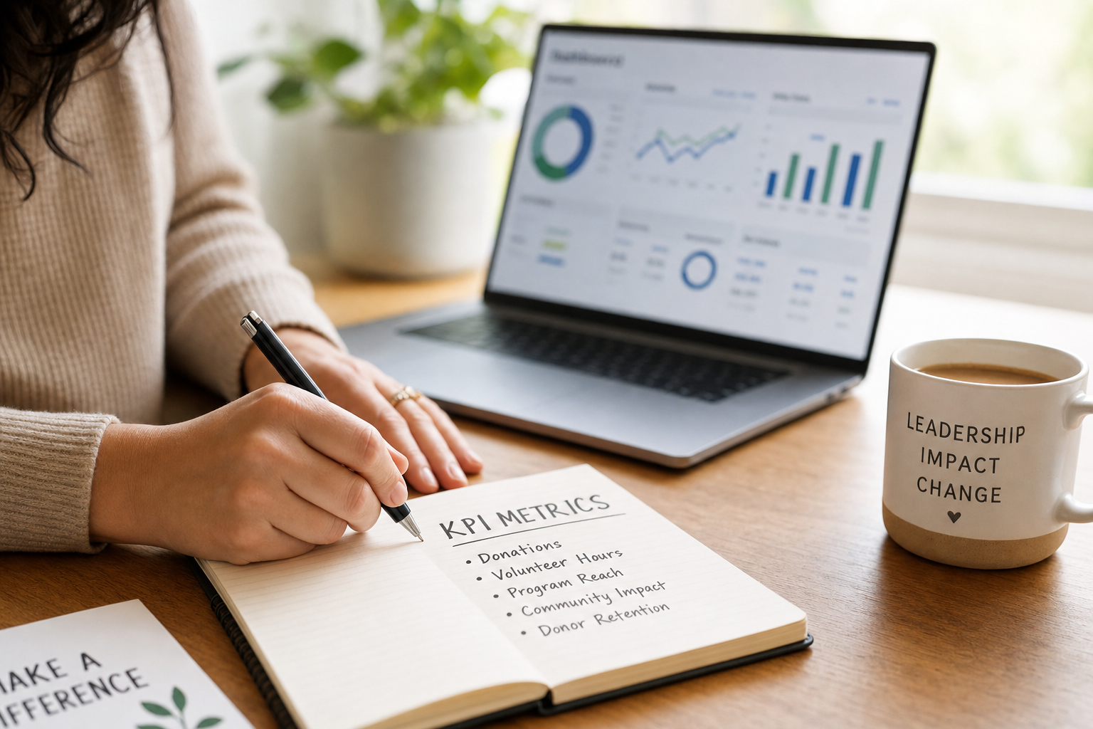 A nonprofit director writing KPI metrics in a notebook with a dashboard on her laptop