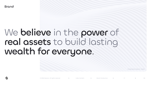 Seasons v2 Brand Introduction statement spread — wide horizontal page from the Seasons Brand Guidelines V2 deck featuring the official brand statement: "We believe in the power of real assets to build lasting wealth for everyone." Statement rendered in geometric sans-serif typography with selective bold weighting on key phrases (believe / power / real assets / wealth for everyone) over a soft wavy V2 atmospheric background pattern. This is the canonical Seasons brand statement page — the source-of-truth for the official brand vision copy. Seasons is an onchain yield protocol (ticker: $SEAS). Use as: brand book reference, brand vision quote source, partner deck inclusion, agency briefing material, internal team training, About-page reference, longform-blog brand-statement quote source, design system documentation. Wide horizontal PNG.

Tags: seasons, seasons v2, seasons brand statement, seasons brand introduction, seasons brand vision, real assets lasting wealth, we believe in the power of real assets, seasons brand quote, seasons brand book, seasons brand asset, $SEAS, seasons onchain, defi brand statement, brand book intro spread, brand documentation, brand guidelines, brand narrative, brand storytelling, brand reference, partner deck, agency brief, internal training, white background, geometric sans, version 2 brand book, brand spread, brand vision page, official brand statement, real assets thesis

**Uploads:**
- **imgbb:** https://i.ibb.co/KchRfQ1H/seasons-v2-brand-introduction-real-assets-lasting-wealth-sta.png
- **imgbb:** https://i.ibb.co/Y4ndDWBJ/1-1-BRAND-INTRODUCTION.png