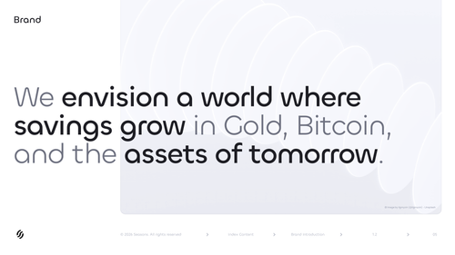 Seasons v2 Brand Vision statement spread — wide horizontal page from the Seasons Brand Guidelines V2 deck featuring the official brand vision: "We envision a world where savings grow in Gold, Bitcoin, and the assets of tomorrow." Statement rendered in geometric sans-serif typography with selective bold weighting on key phrases (envision a world / savings grow / Gold, Bitcoin / assets of tomorrow) over a soft wavy V2 atmospheric background pattern. This is the canonical Seasons brand vision page — the source-of-truth for the official forward-looking vision copy, naming Gold and Bitcoin as anchor real assets and gesturing forward to "the assets of tomorrow." Companion to entry 4 (Brand Introduction statement: "real assets to build lasting wealth for everyone"). Seasons is an onchain yield protocol (ticker: $SEAS). Use as: brand book reference, vision-statement quote source, partner deck inclusion, agency briefing material, internal team training, longform-blog vision quote source, About-page copy reference, design system documentation. Wide horizontal PNG.

Tags: seasons, seasons v2, seasons brand vision, savings grow gold bitcoin assets of tomorrow, seasons brand vision statement, seasons brand book, seasons vision page, seasons brand asset, $SEAS, seasons onchain, defi brand vision, brand book vision, brand documentation, brand guidelines, brand narrative, vision page, brand mission, gold bitcoin assets of tomorrow, real assets thesis, partner deck, agency brief, internal training, white background, geometric sans, version 2 brand book, brand spread, deck content, official vision statement

**Uploads:**
- **imgbb:** https://i.ibb.co/39Qr7FFF/seasons-v2-brand-vision-gold-bitcoin-assets-of-tomorrow-stat.png
- **imgbb:** https://i.ibb.co/5WQBVg6Z/1-2-BRAND-VISION.png