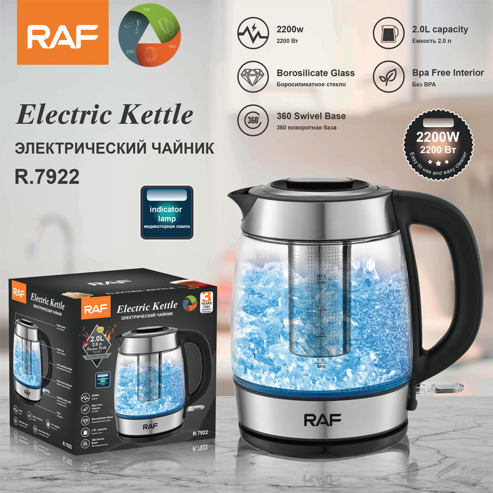 Bouilloire Électrique RAF 2L en Verre Borosilicate 2200W