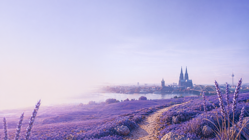 Seasons v2 City + Lavender Atmosphere — Cathedral Skyline Variant (Wide).png