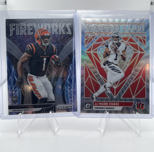 2021 Panini Prizm Ja'Marr Chase Fireworks Prizm Rookie SP + 2023 Optic Diamond (1).1