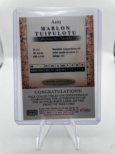 2021 Sage Premier Draft Marlon Tuipulotu Red Border Rookie Auto #A103 (2).1