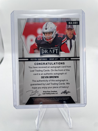 2022 Leaf Draft Devin Brown White Foil Rookie Auto 100 #BA DB1 (2).1