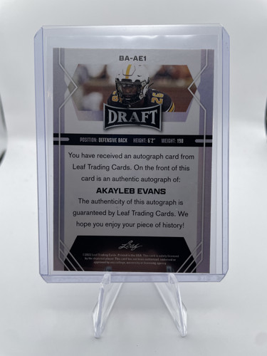 2022 Leaf Draft Akayleb Evans Grey Foil Rookie Auto #BA AE1 (2).1
