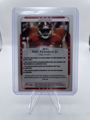 2023 Sage Artistry Will Anderson Jr. Red Border Rookie Auto #ART WA (2).1