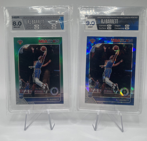2018 19 Panini Hoops Premium RJ Barrett Rookie Blue Prizm HGA 9 + Green HGA 8 (1).1