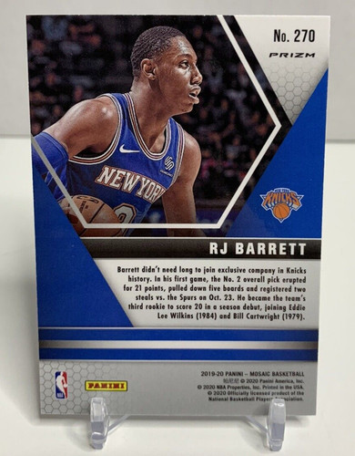 2018 19 Panini Mosaic RJ Barrett NBA Debut Blue Red Prizm Rookie SP #270 (2).1