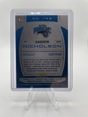 2013 14 Panini Totally Certified Andrew Nicholson Silver Patch #143 (2).1