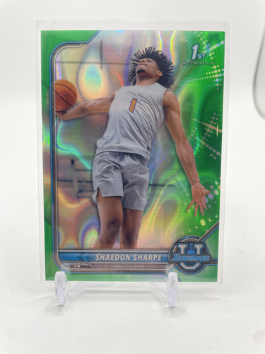 2021 22 Bowman University Chrome Shaedon Sharpe Green Lava Refractor Rookie 99 (1).1