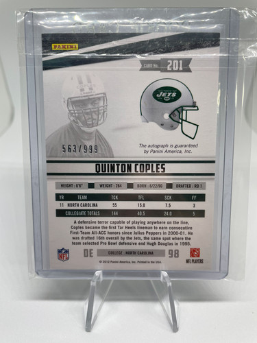 2012 Panini Rookies & Stars Quinton Coples Rookie Auto SP 999 New York Jets (2).1