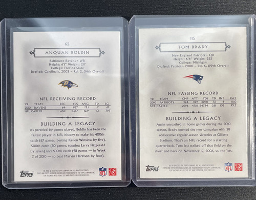 2011 Topps Legends Tom Brady Blue SP + Anquan Bolin Orange 50 (2).1
