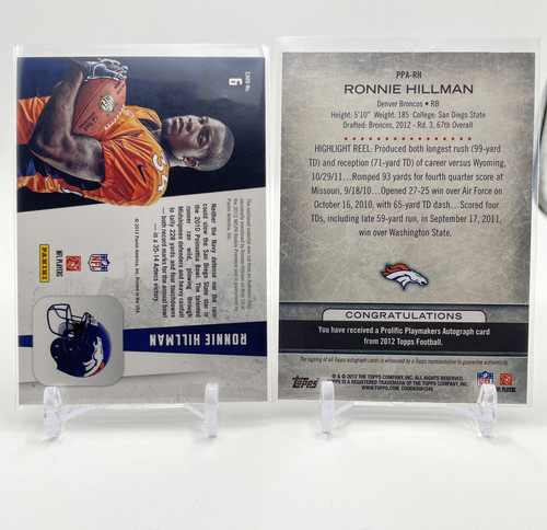 2012 Topps Prolific Playmakers Ronnie Hillman Rookie Auto + Freshman RC Patch (2).1