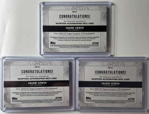 2022 23 Topps OTE Inception Jalen Lewis Patch Rookie Auto 149 Set (x3) (2).1