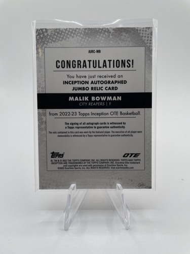 2022 23 Topps OTE Inception Malik Bowman Orange Jumbo Rookie Patch Auto 25 (2).1