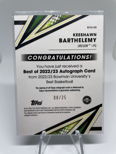 2022 23 Bowman U Best Keeshawn Barthelmy Speckle 25 Green 99 & Blue 150 Auto (3).1