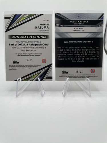 2022 23 Bowman University Best Arthur Kaluma Speckle Auto 25 + Orange Refractor (2).1