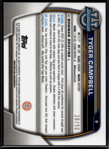 2022 23 Bowman University Chrome Tyger Cambell Gold Shimmer Refractor 50 (2).1