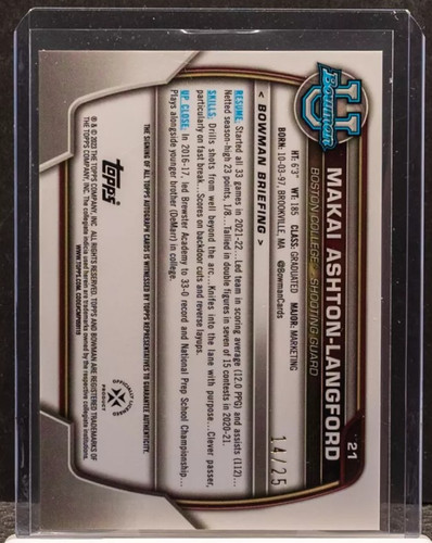 2022 23 Bowman University Chrome Makai Ashton Langford Orange Shimmer Auto 25 (2).1
