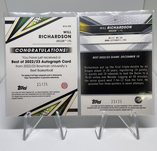 2022 23 Bowman University Best Will Richardson Speckle Auto 25 + Orange 25 (2).1