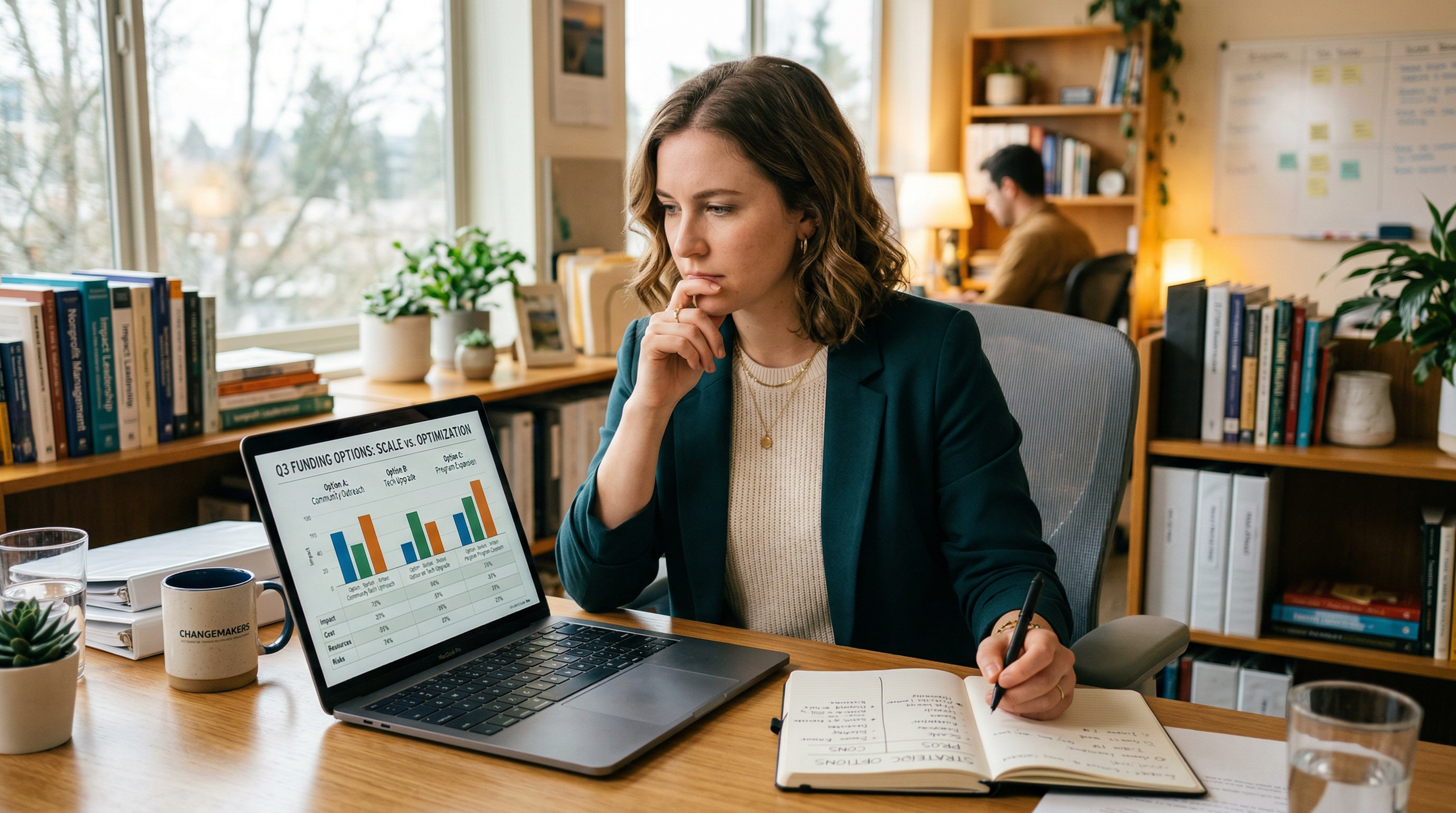 Nonprofit executive director weighing CRM comparison options at desk